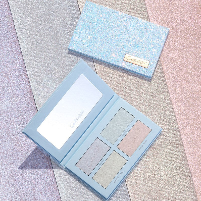 Makeup palette with pastel shades on a glittery surface