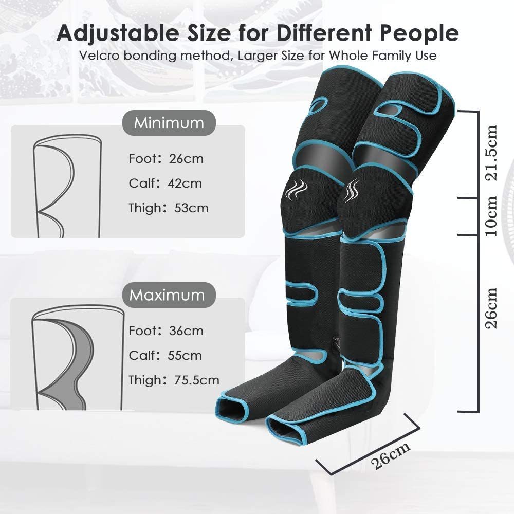 Black compression sleeves with blue accents and size chart on a white background