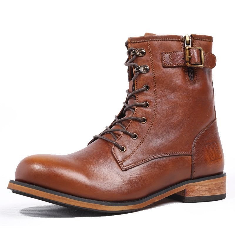 Brown leather boot with a buckle on a white background