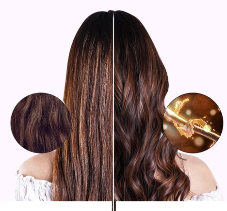 Person with long, wavy hair shown from different angles on a white background