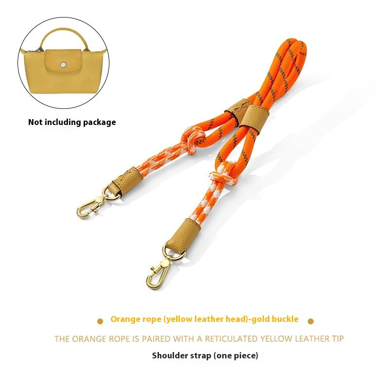 Orange rope shoulder strap with gold buckle on a white background