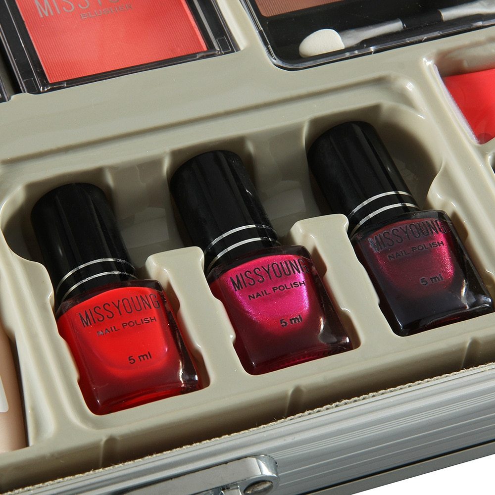 Set of Miss Young nail polishes in a display case