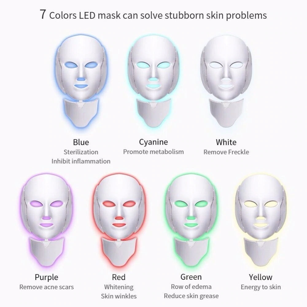 LED face mask with color options and benefits on a white background