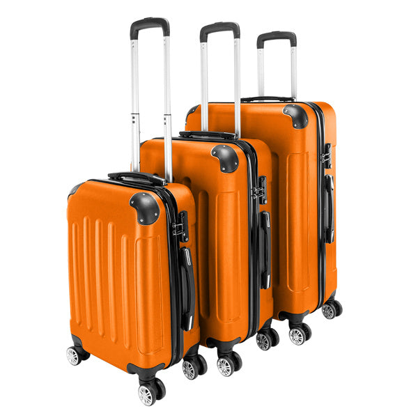 Set of three orange suitcases with black handles and wheels on a white background