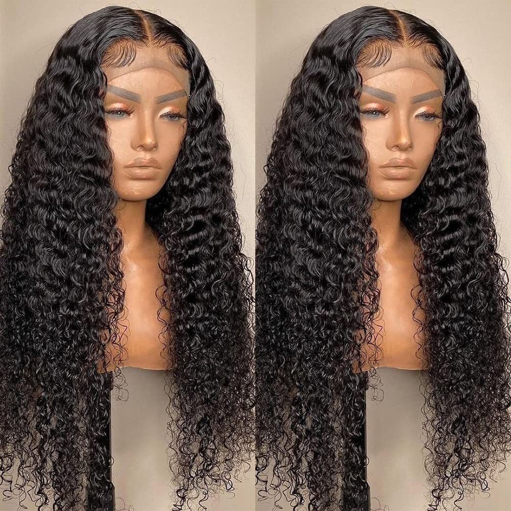 Two mannequin heads with long, black, wavy hair on a beige background