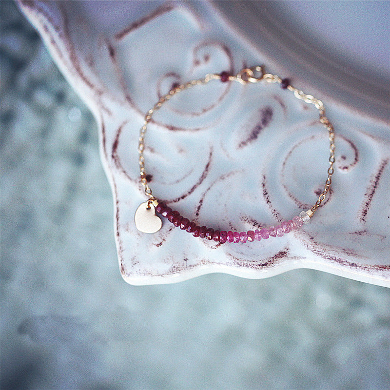 14k gold-plated gold natural ruby love pendant bracelet with heart charm and gradient ruby gemstones on chain