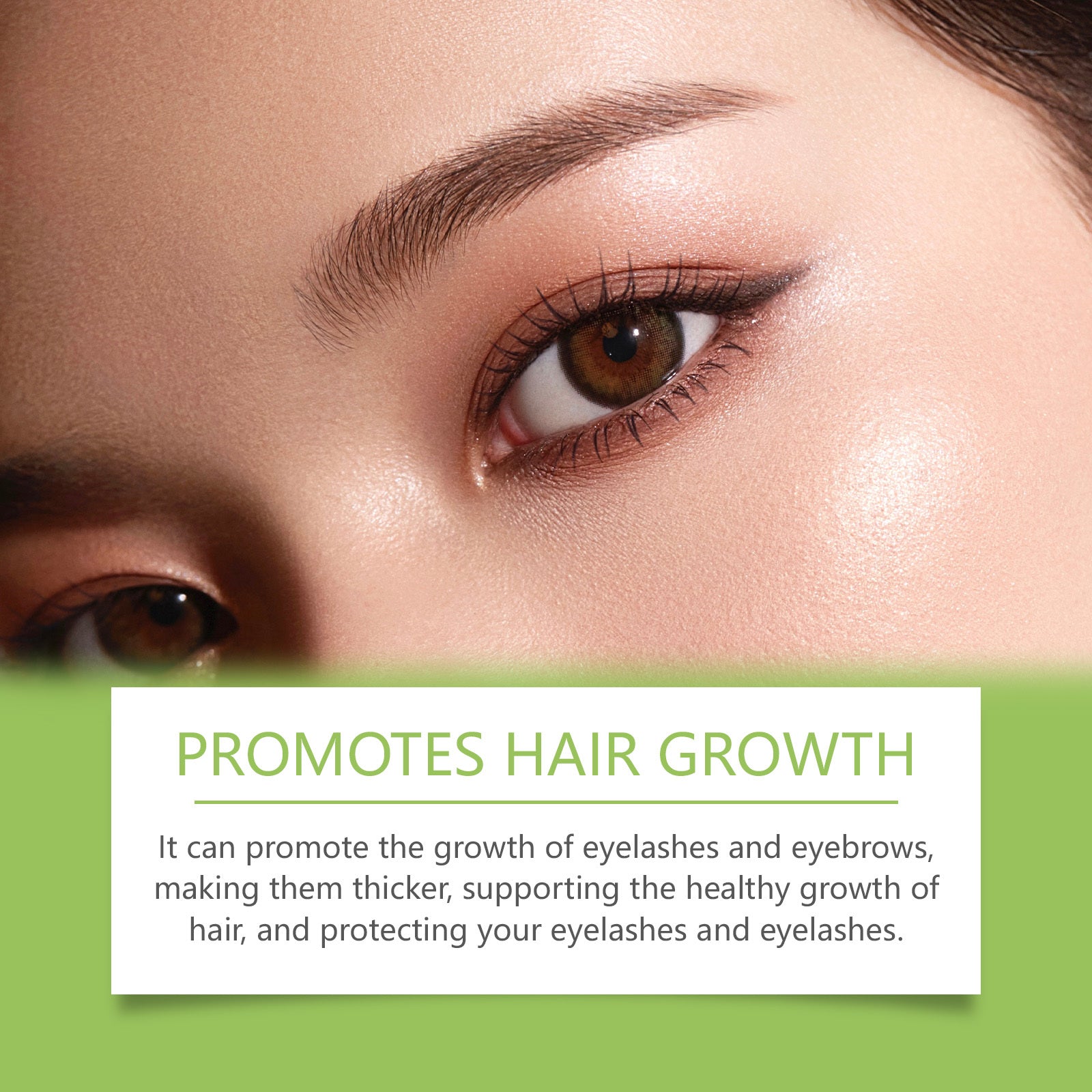 Close-up of a person's eye with text promoting hair growth for eyelashes and eyebrows.