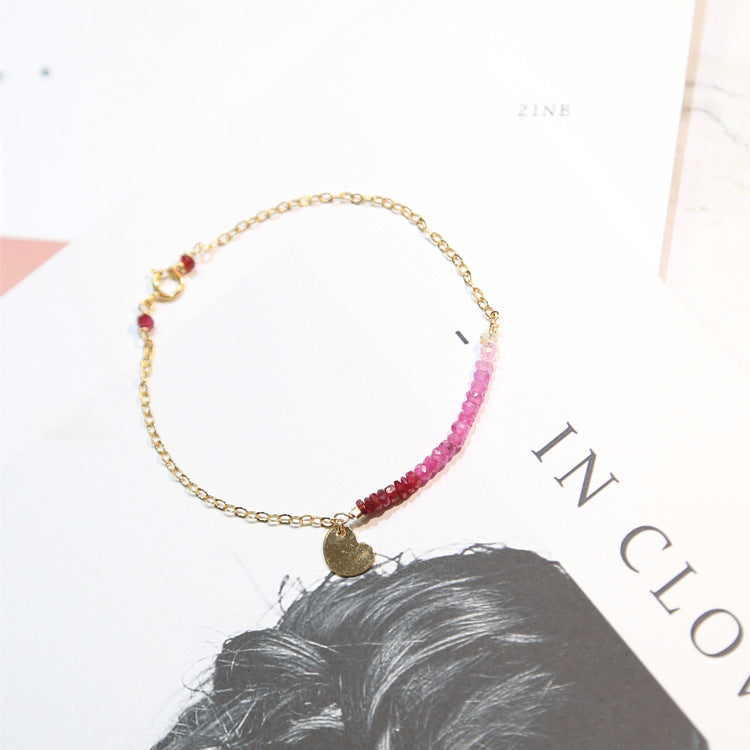 14k gold-plated gold natural ruby love pendant bracelet with red gradient rubies and heart charm on gold chain