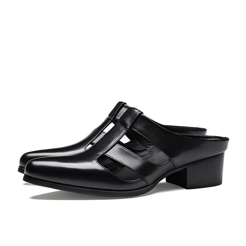 Black leather clogs on a white background