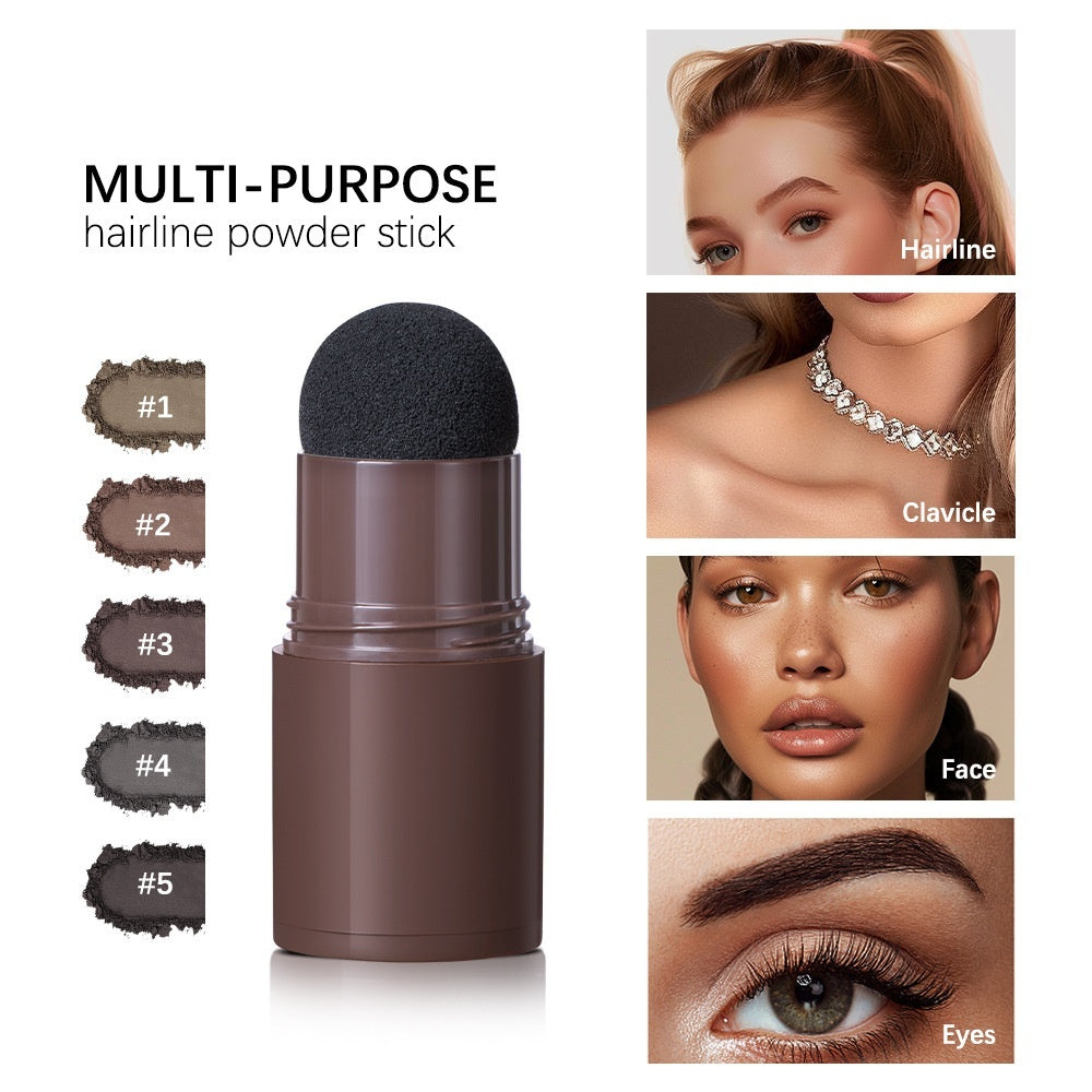 Multi-purpose hairline powder stick with application examples on a white background
