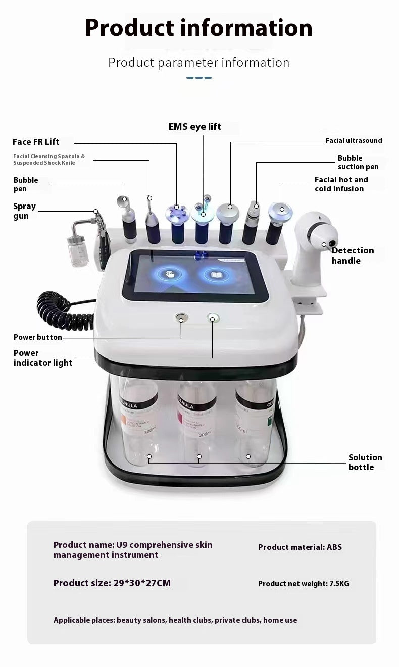 Facial rejuvenation device with labeled components and product details.