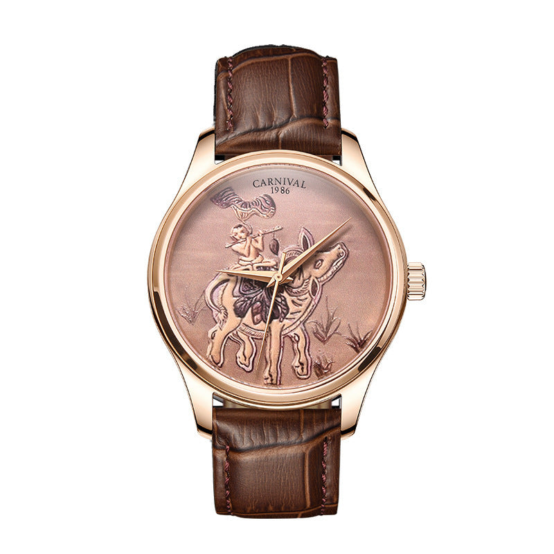 Watch with brown leather strap and detailed face on a white background