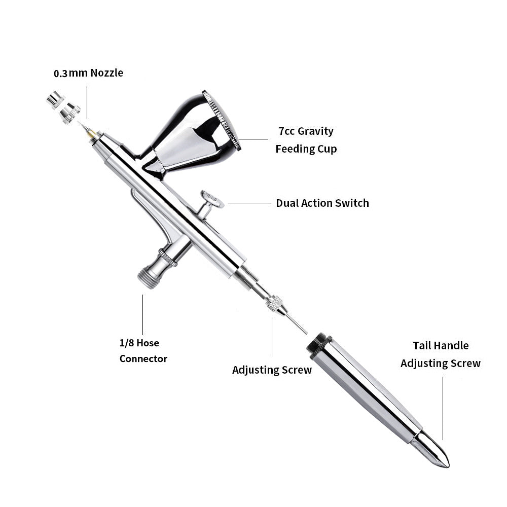 Airbrush with labeled parts on a white background