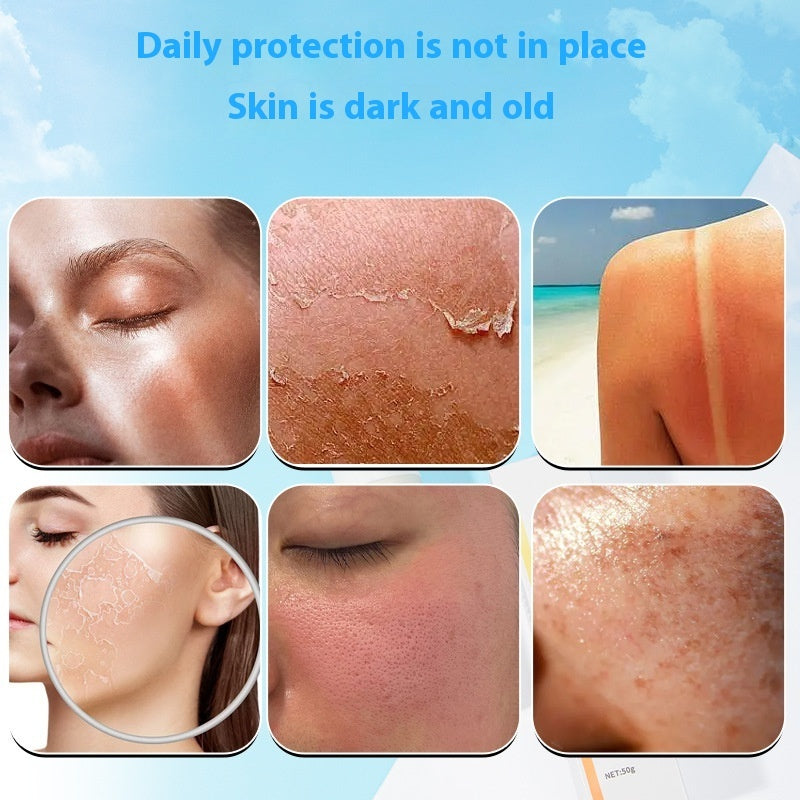 Collage of skin conditions with text about daily protection and skin appearance.
