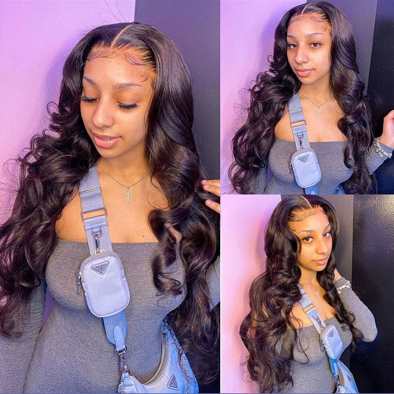 Collage of a person with long wavy hair wearing a gray top and blue overalls.