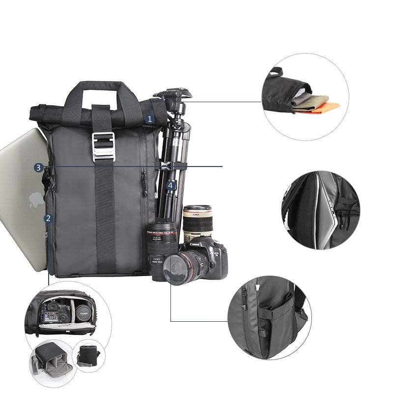 Black backpack with camera equipment on a white background