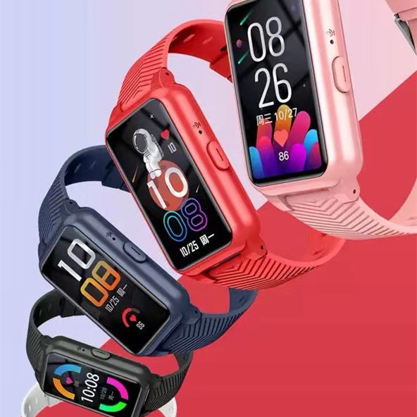 Four colorful fitness trackers with digital displays on a red and light blue gradient background.