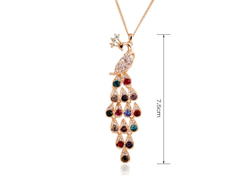 Gold necklace with multicolored gemstones and dimensions on a white background