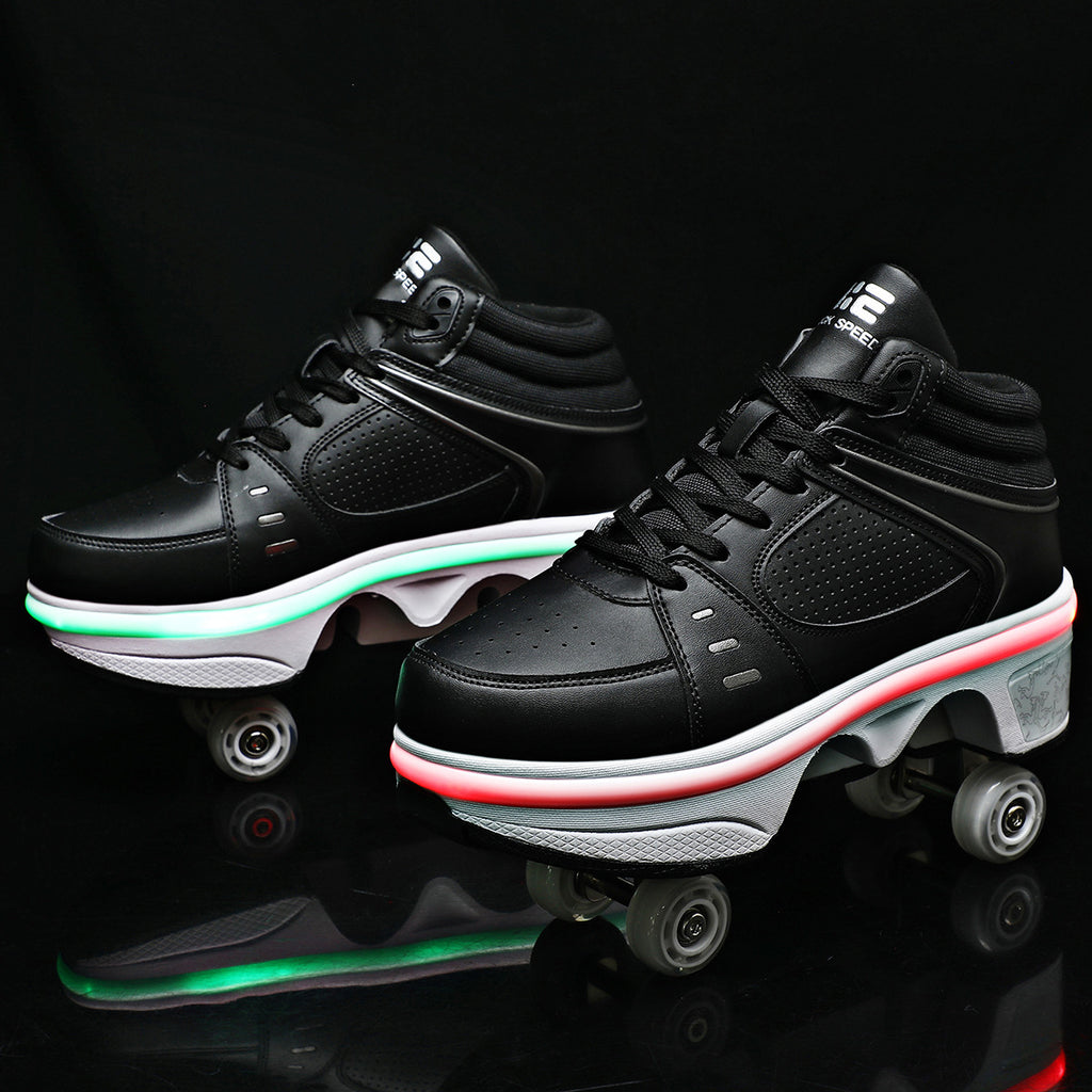 Black roller shoes with glowing wheels on a black background