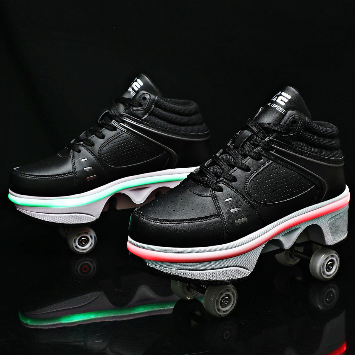 Black roller shoes with glowing wheels on a black background