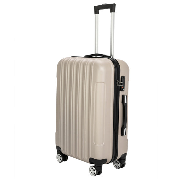 Beige suitcase with black handle and wheels on a white background