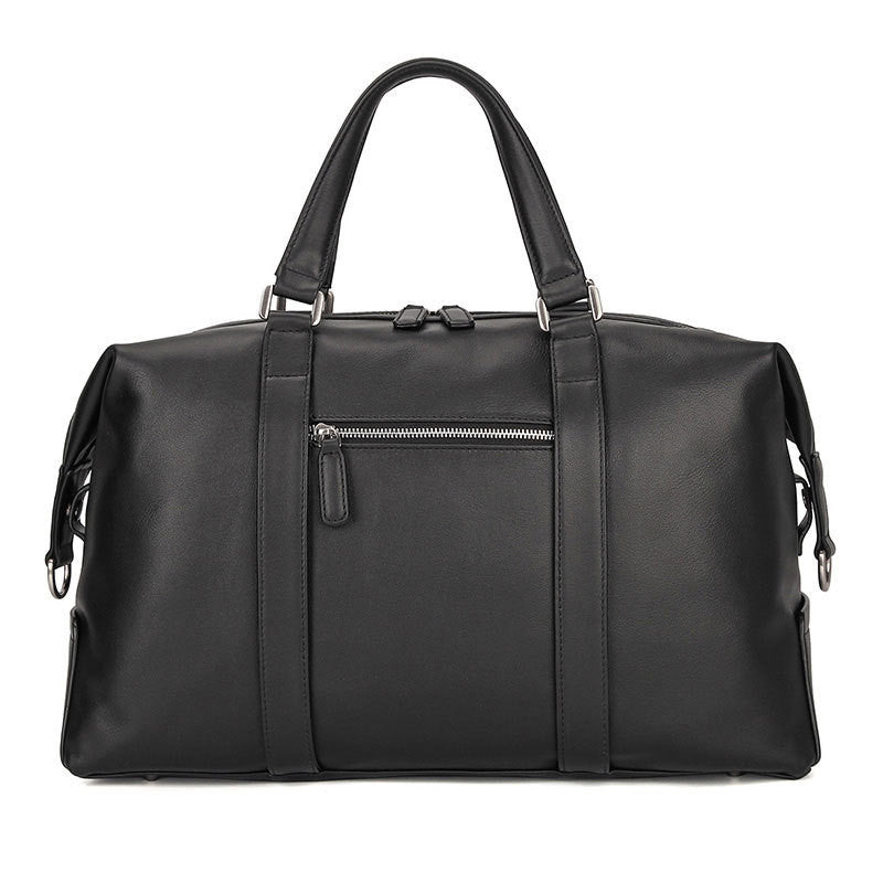 Black leather duffel bag on a white background
