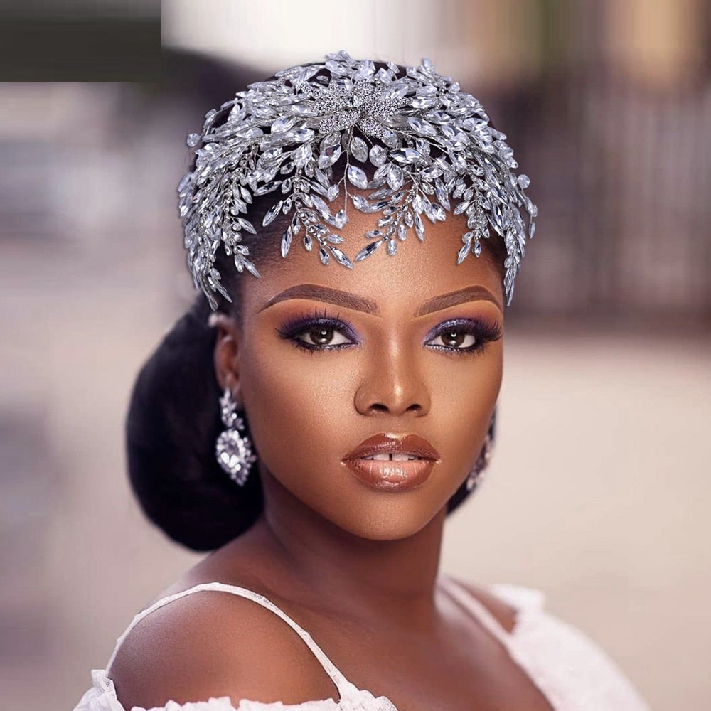 Woman wearing a decorative headpiece with a blurred background