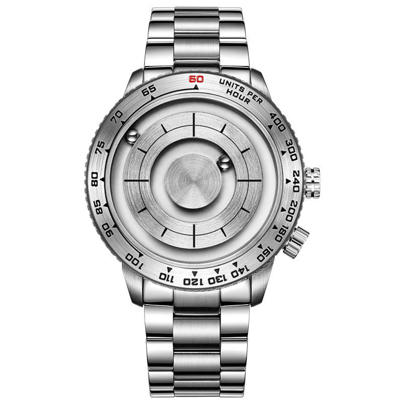 Silver wristwatch with detailed face on a white background