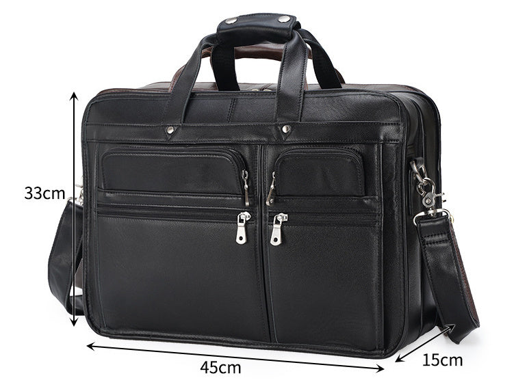 Black leather briefcase with measurements on a white background