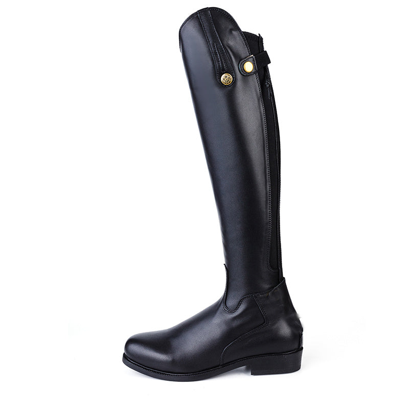 Black riding boot on a white background