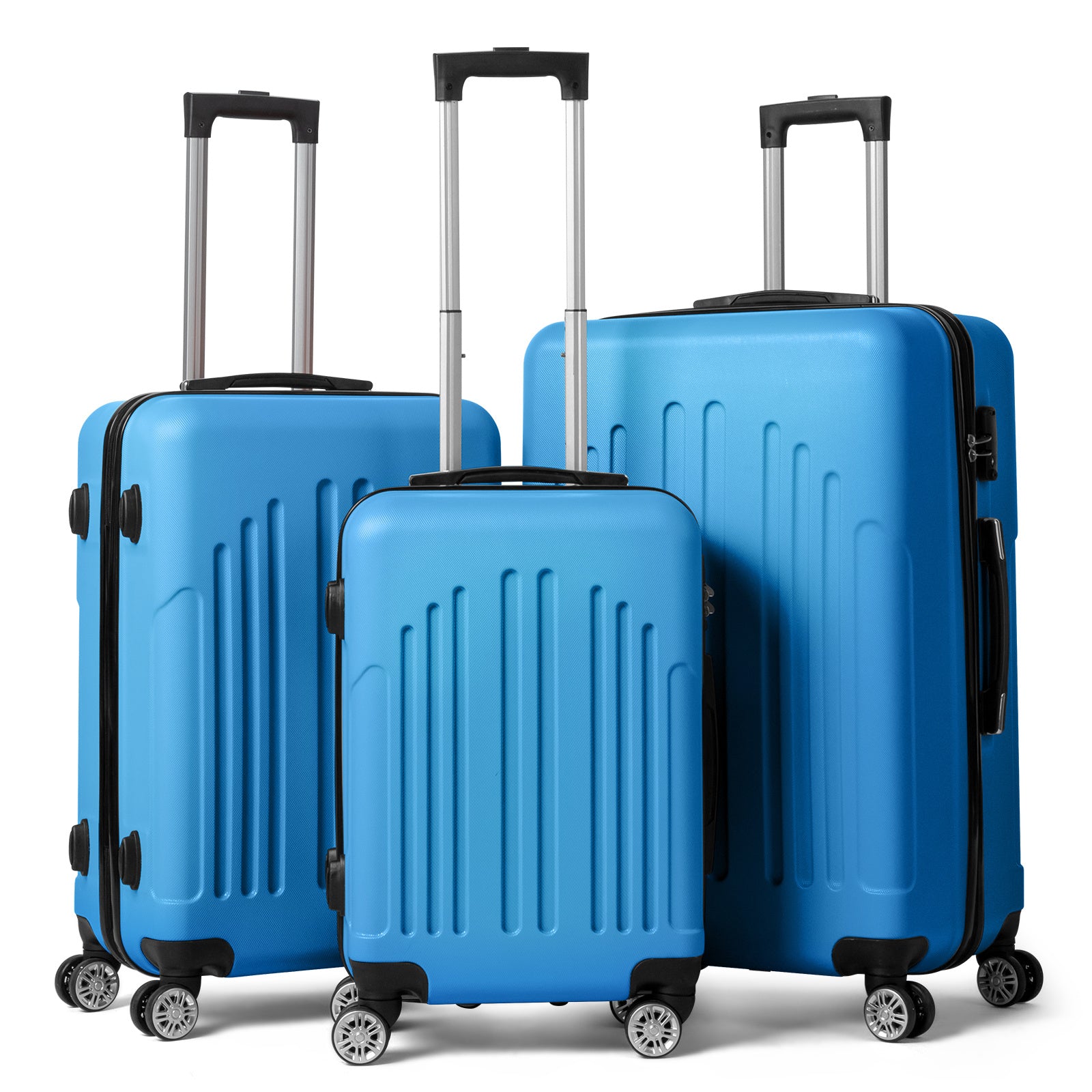 Three blue suitcases of different sizes on a white background