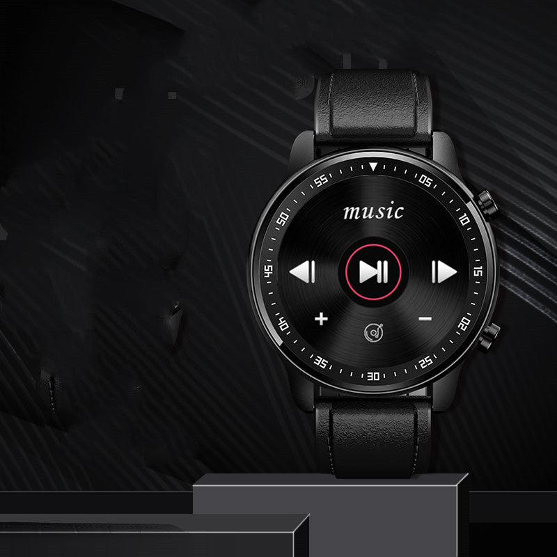 Black smartwatch with music control interface on a dark textured background