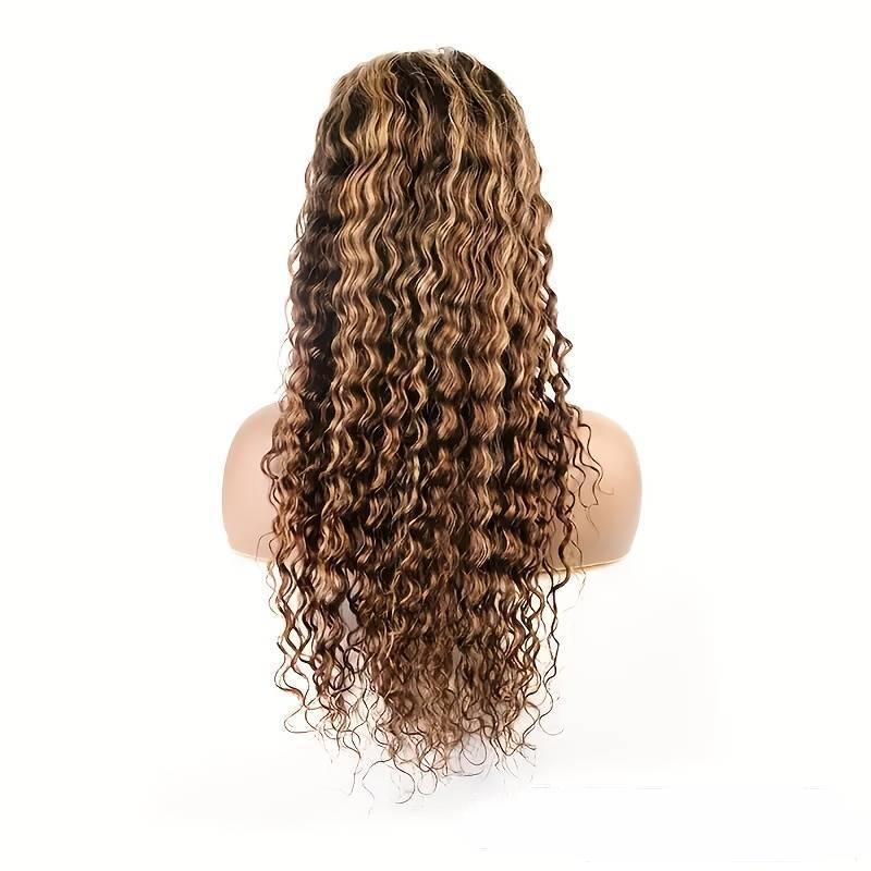 Brown wavy wig on a mannequin head against a white background