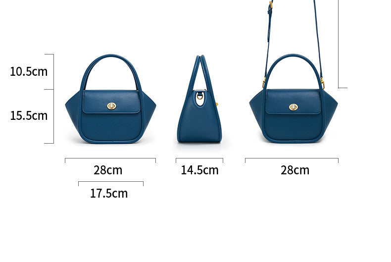 Blue handbag with dimensions indicated on a white background