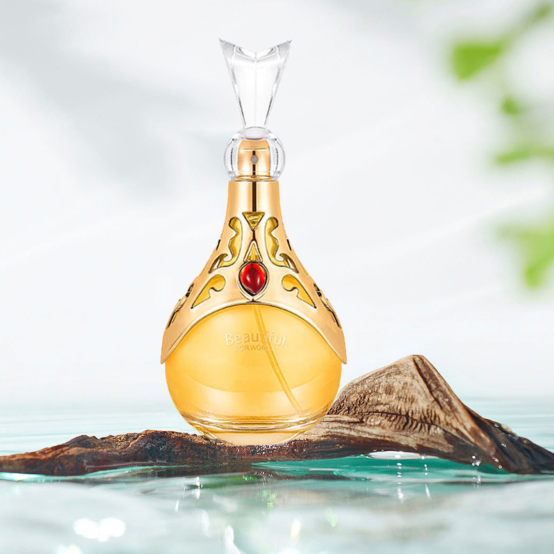 Decorative bottle with gold and red design on a natural background