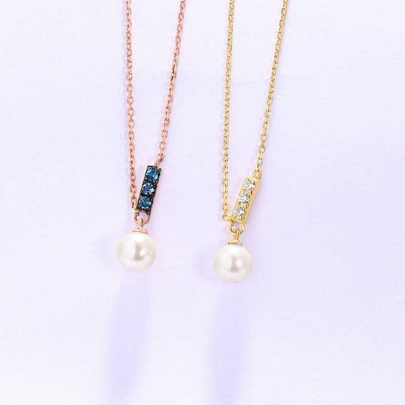 14K Rose Gold Jewelry New Korean Pearl Necklace Pendant with London Blue and zircon gemstones, simple elegant design