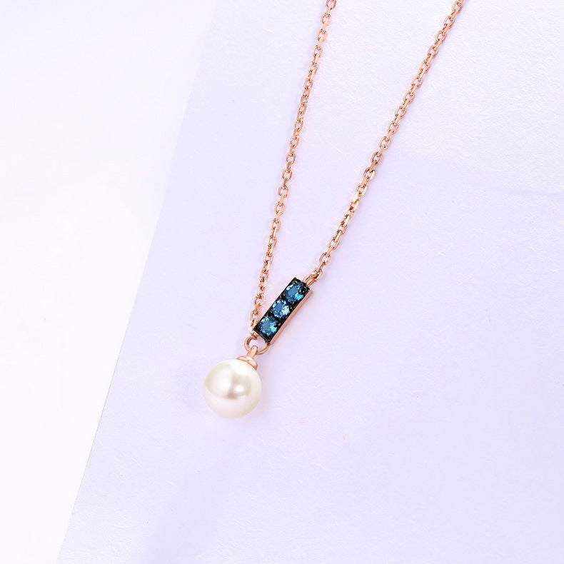14K Rose Gold Jewelry New Korean Pearl Necklace Pendant with London Blue stones and freshwater pearl elegant design