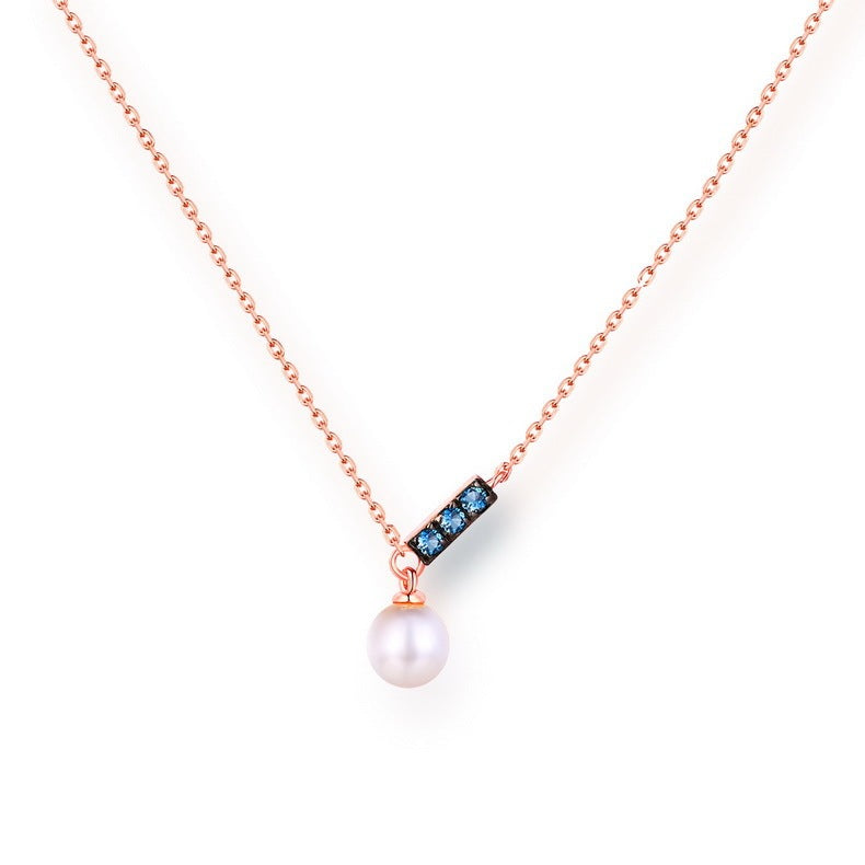 14K Rose Gold Jewelry New Korean Pearl Necklace Pendant with London Blue stones and freshwater pearl, elegant and customizable design