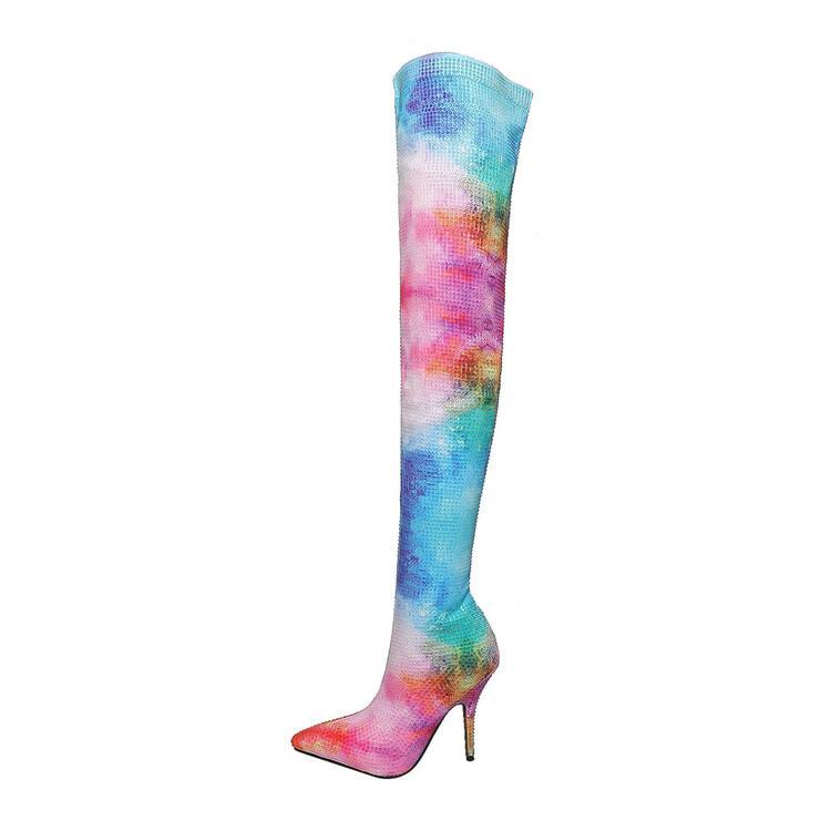 Colorful tie-dye knee-high boot on a white background
