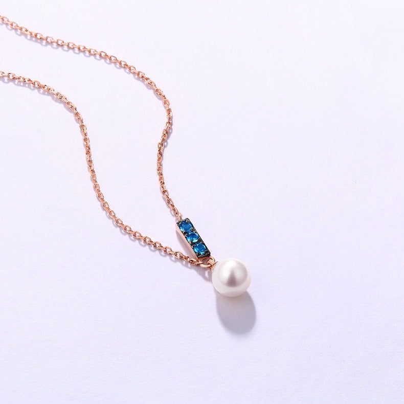 14K Rose Gold Jewelry New Korean Pearl Necklace Pendant with London Blue stones and freshwater pearl, simple and elegant fashion wholesale