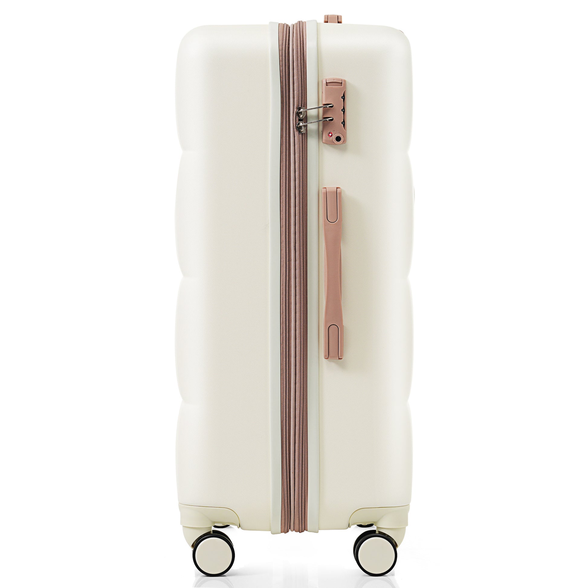 White suitcase with pink accents on a white background