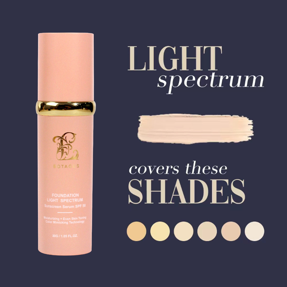 Cosmetic bottle with gold cap on a dark background, featuring text about shade coverage.