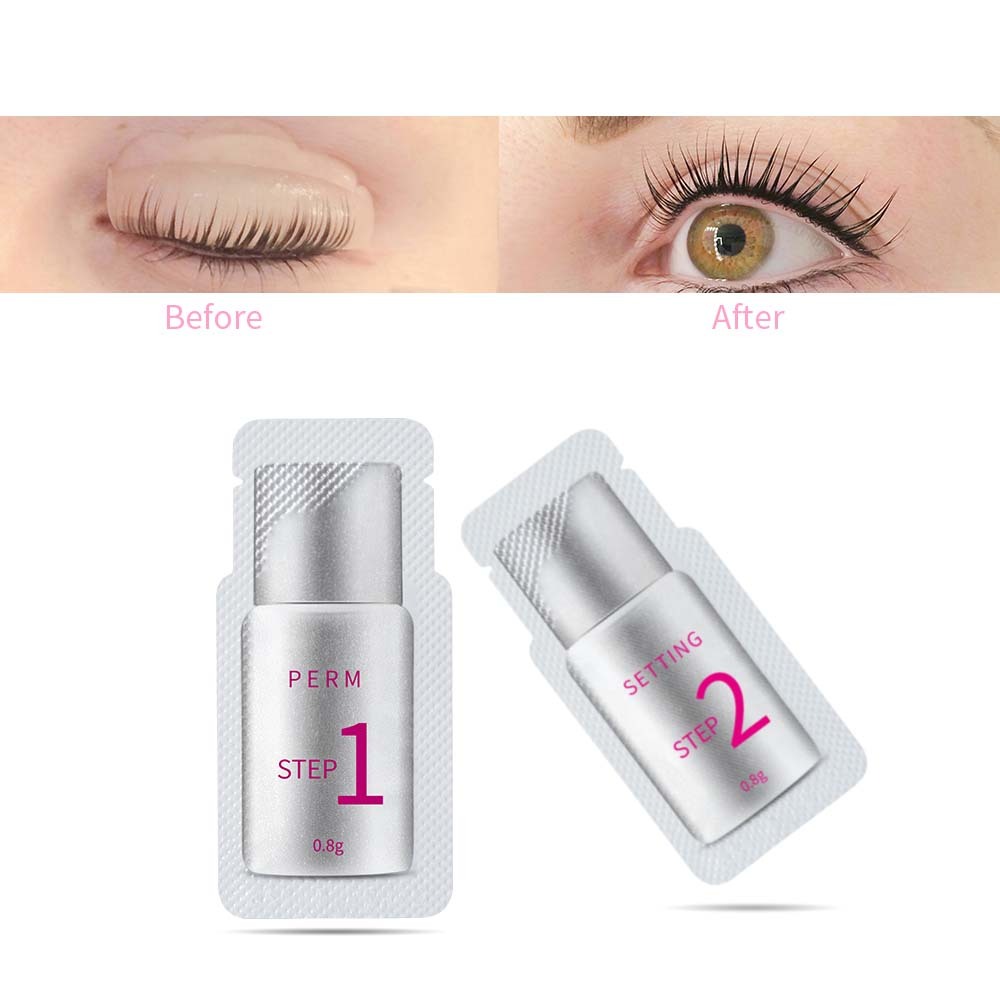 Two cosmetic samples labeled 'Step 1' and 'Step 2' with 'Before' and 'After' eye makeup display.