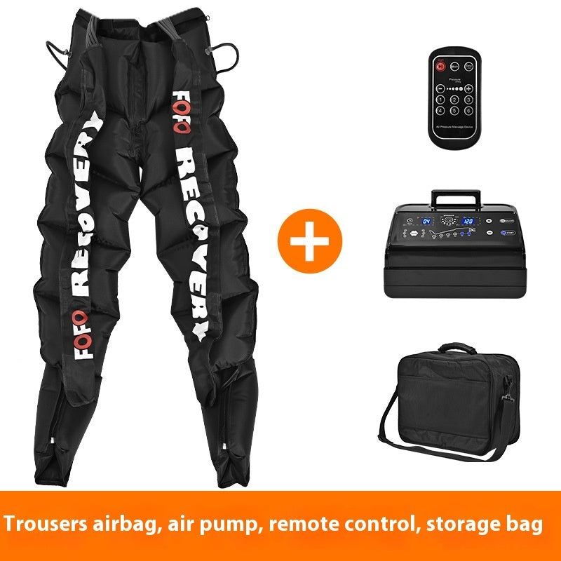 Black recovery trousers with air pump, remote control, and storage bag on a white background