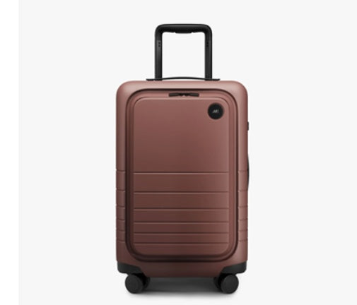 Brown suitcase with wheels on a white background