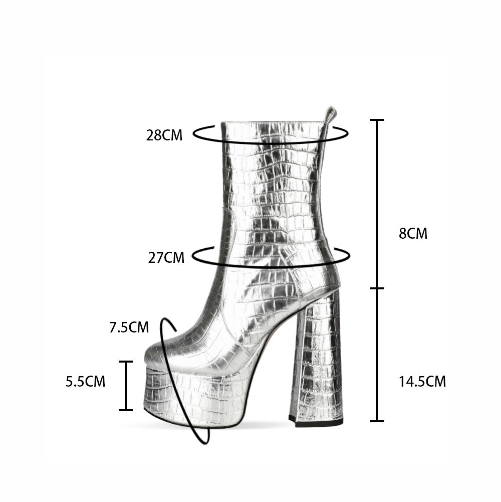Silver high-heeled platform boot with measurements on a white background