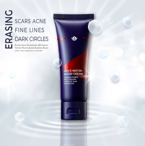 Tube of men's water-based cream on a light gray background with text about skincare benefits.