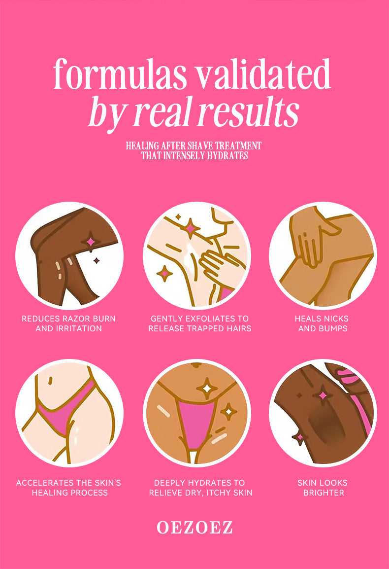 Oezoez product description on a pink background with icons and text about after-shave treatment benefits.