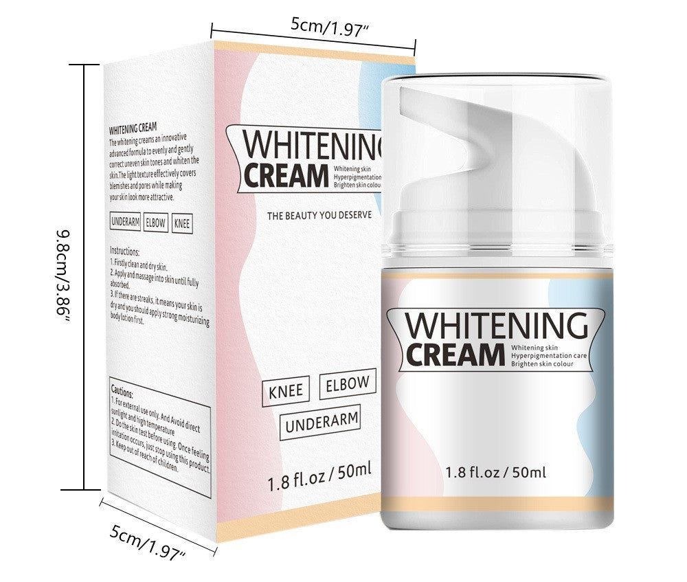 Whitening cream bottle and packaging with measurements on a white background