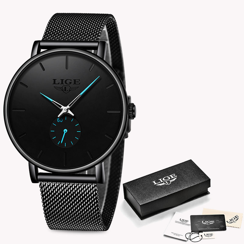 Black LIGE watch with mesh band and packaging on a white background